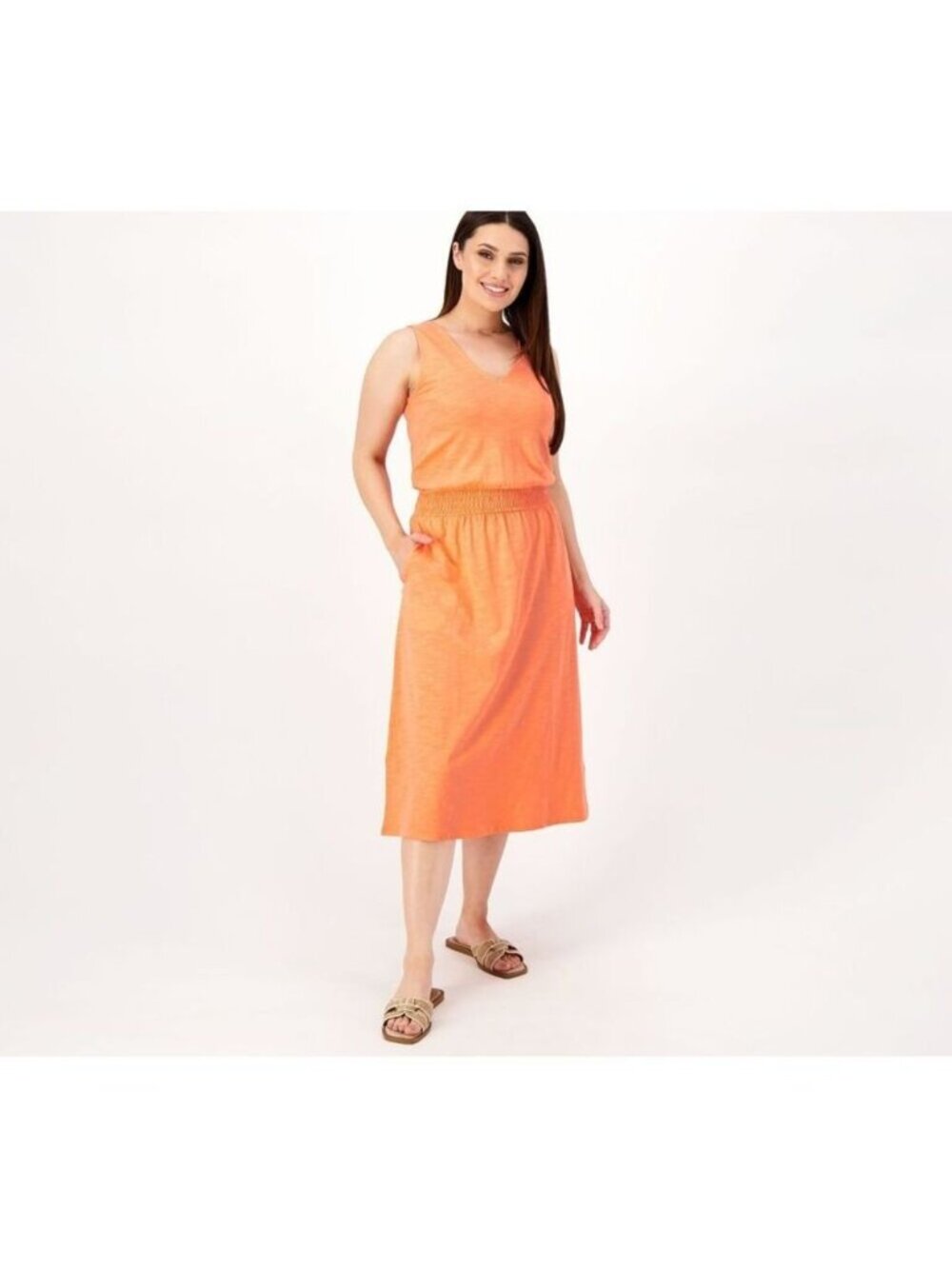 Belle by Kim Gravel Dress sz PL Petite Knit Smocked Waist Coral A602652